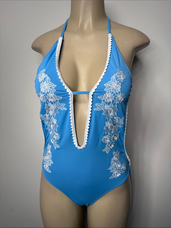 Feather 11 Other - Blue Floral Plunge Halter One-Piece Swimsuit